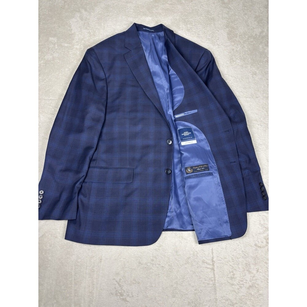 Hart Schaffner Marx Mens 46R Chicago Fit Soft Wool Windowpane Blue Italy